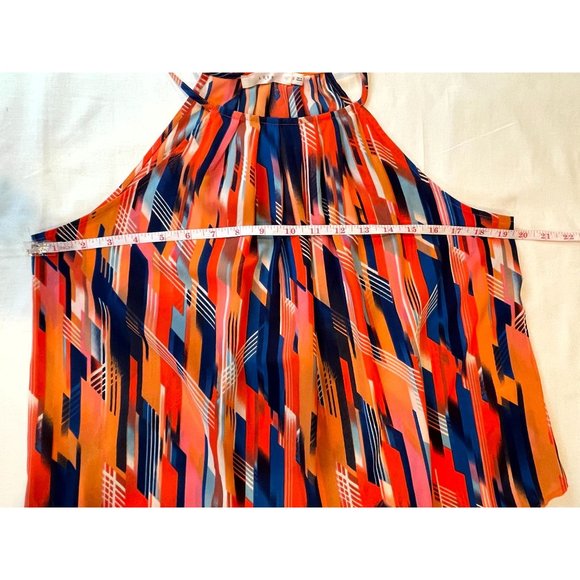Lush Women Halter Blouse Top Geometric Pleated Neckline Orange Blue Size Small - Picture 3 of 7